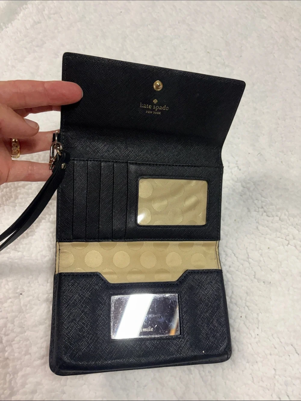 kate spade Black Saffiano Wristlet Clutch with Gold Logo